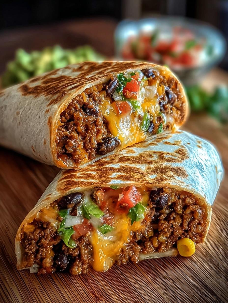 Heerlijke Burrito Met Hackfleisch, vers bereid en gevuld met kruidig gehakt, bonen, maïs en kaas, klaar om te serveren.