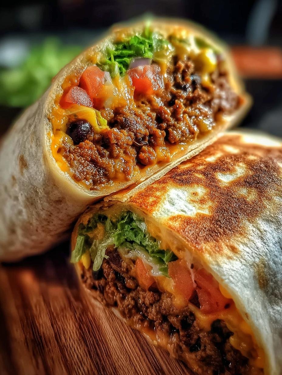 Close-up van een perfect opgerolde Burrito Met Hackfleisch, gevuld met sappig gehakt, bonen, maïs en gesmolten kaas, klaar om te eten.