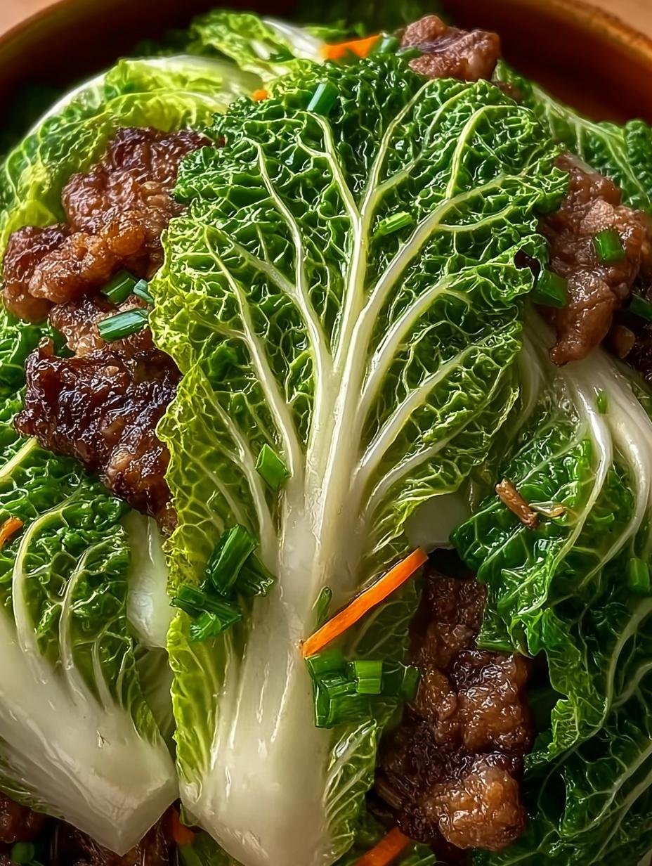 Close-up van een portie Chinakohl Mit Hackfleisch geserveerd met rijst en sesamzaadjes