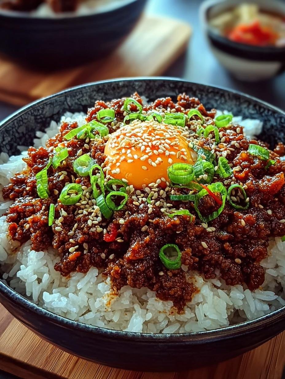 Heerlijk Eenvoudiges Bulgogi Met Hackfleisch geserveerd met rijst en lente-uitjes, klaar in 20 minuten