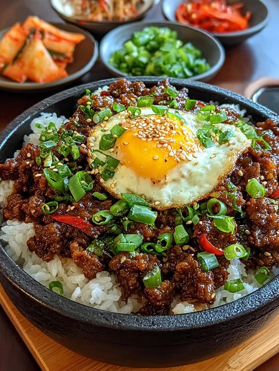 Close-up van de rijke textuur van Eenvoudiges Bulgogi Met Hackfleisch met sesamzaadjes