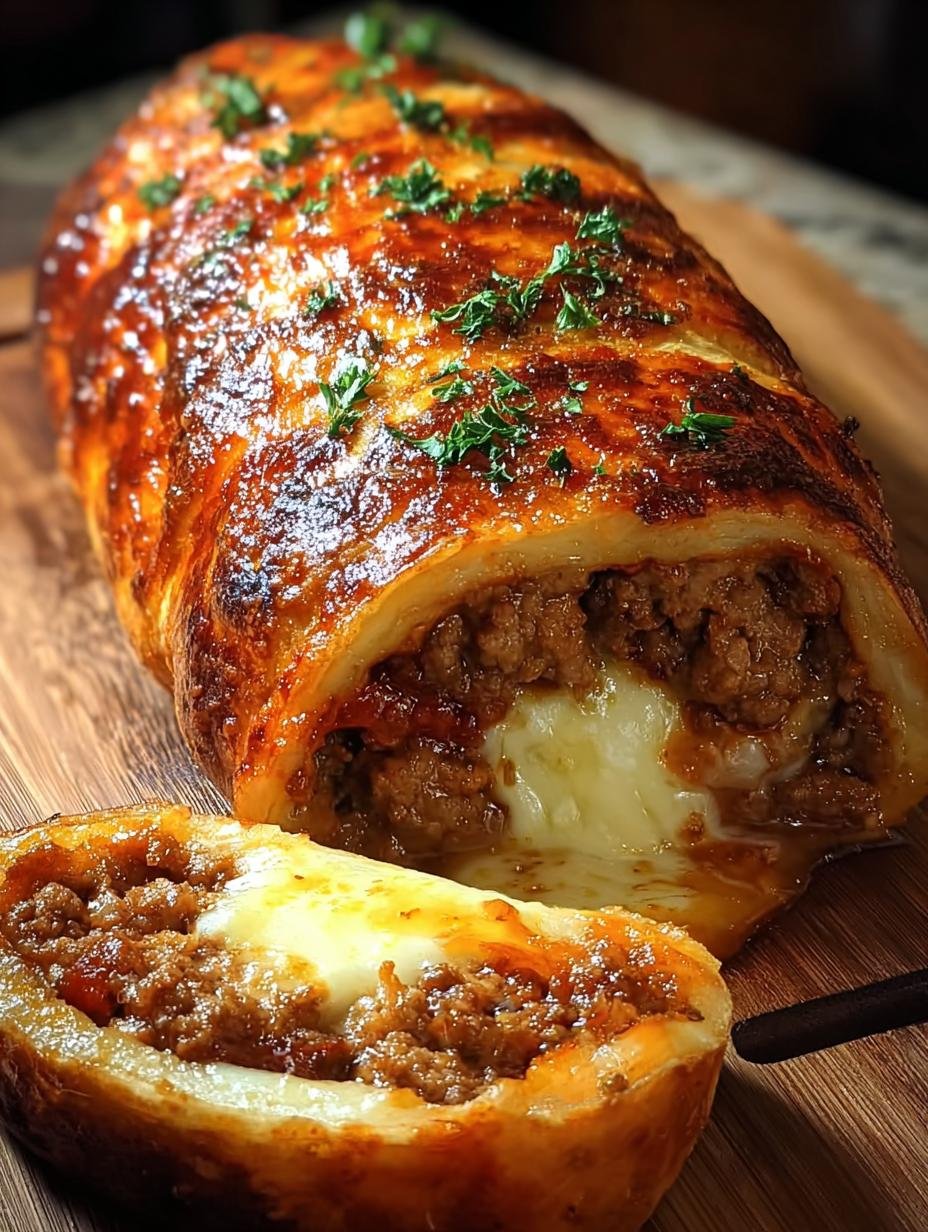 Gesneden Hackfleisch Kaese Rolle met gesmolten kaas en kruiden, klaar om te serveren