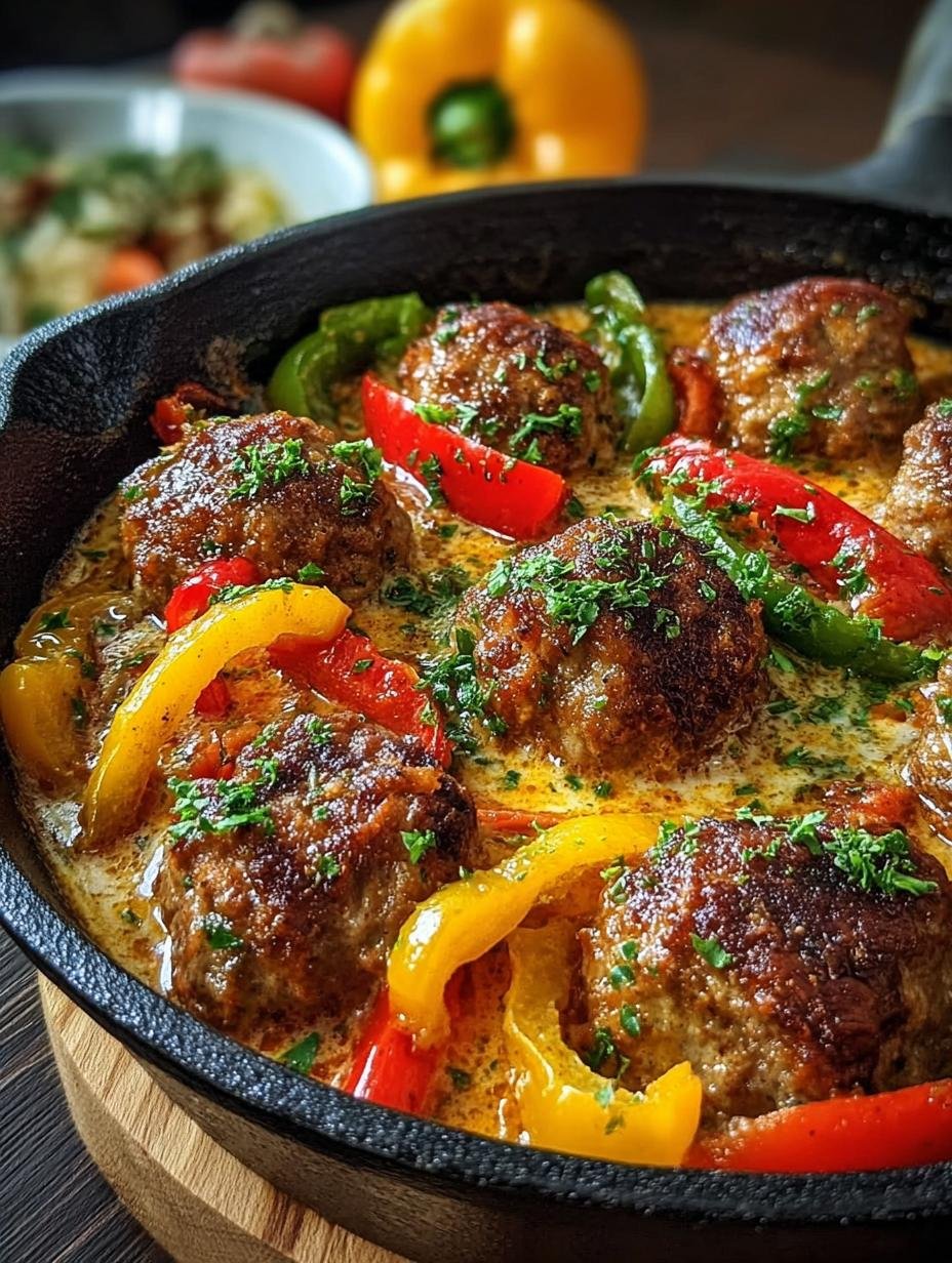 Heerlijke Herzhafte Frikadellenpfanne Mit Paprika met romige saus en verse peterselie, klaar om te serveren