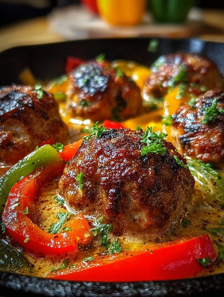Close-up van de Herzhafte Frikadellenpfanne Mit Paprika met perfect gegaarde frikadellen en levendige paprikareepjes in een romige saus