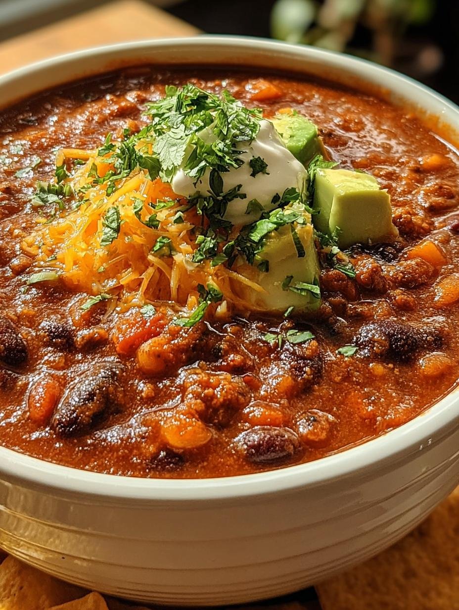 Een rijke en diepe kom Herzhafter Veganer Chili Aus, gegarneerd met verse koriander en avocado, klaar om te serveren.