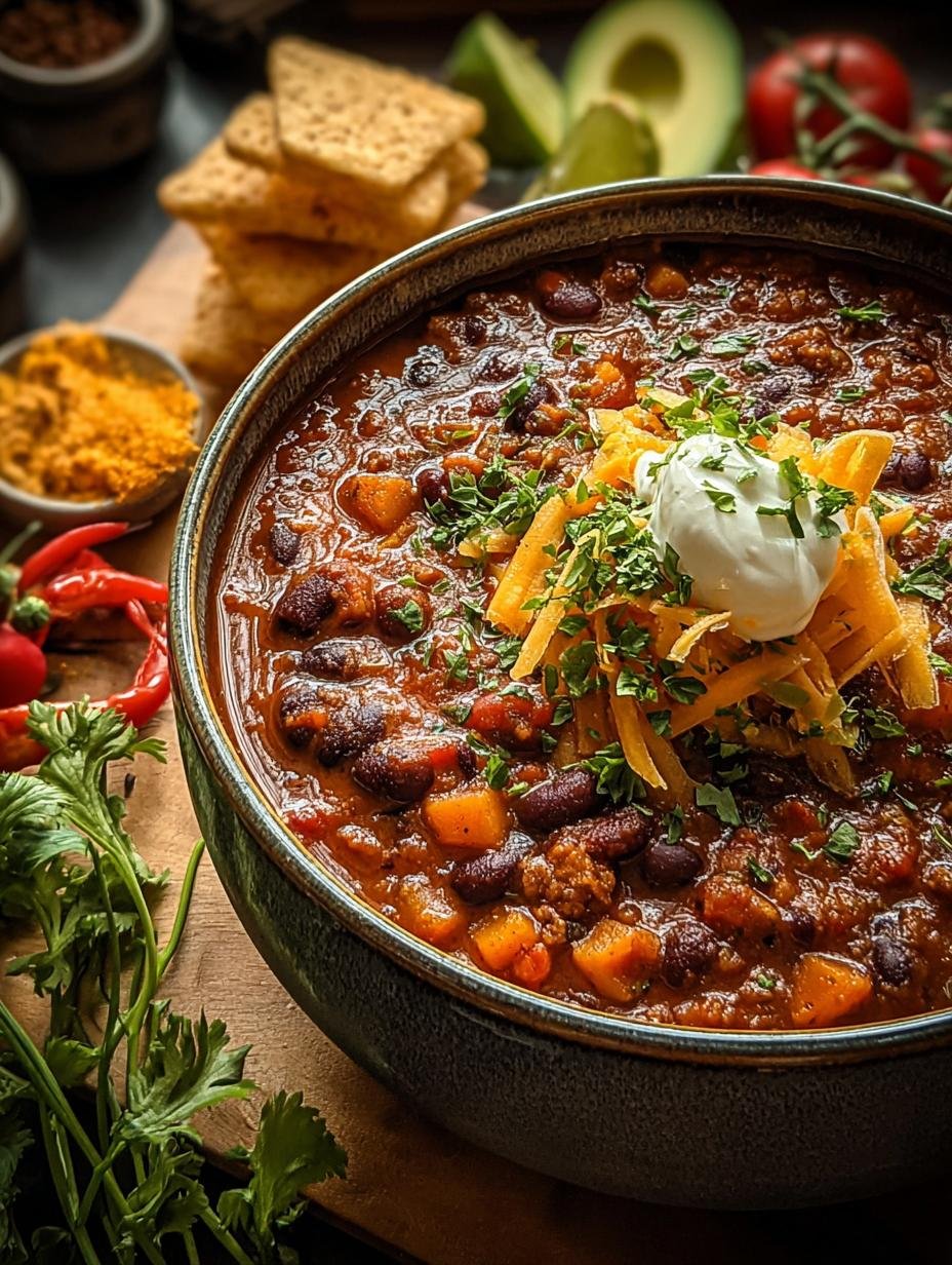 Een close-up van de rijke textuur van Herzhafter Veganer Chili Aus, met zichtbare bonen, groenten en quinoa.