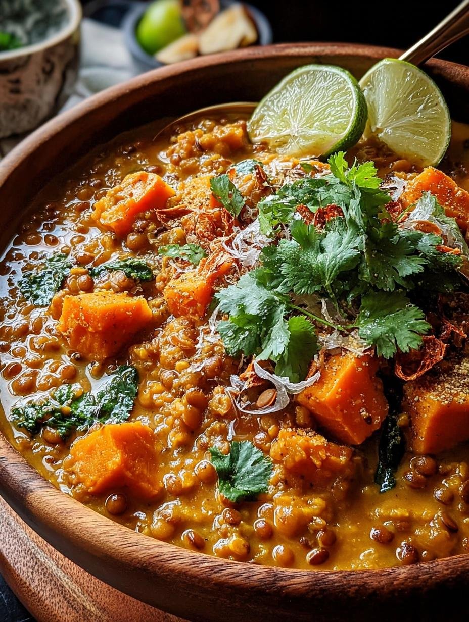 Een kom heerlijk Langzaam Gekookt Kokos Curry met linzen en zoete aardappel, klaar om te serveren, met verse koriander en een lepel.