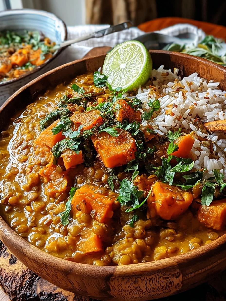 Close-up van de romige textuur van Langzaam Gekookt Kokos Curry, met zichtbare linzen en zoete aardappelstukjes, gegarneerd met verse koriander.