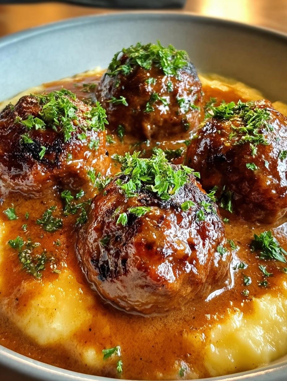 Saftige Hackbaellchen Cremiger Sauce geserveerd met aardappelpuree en verse kruiden