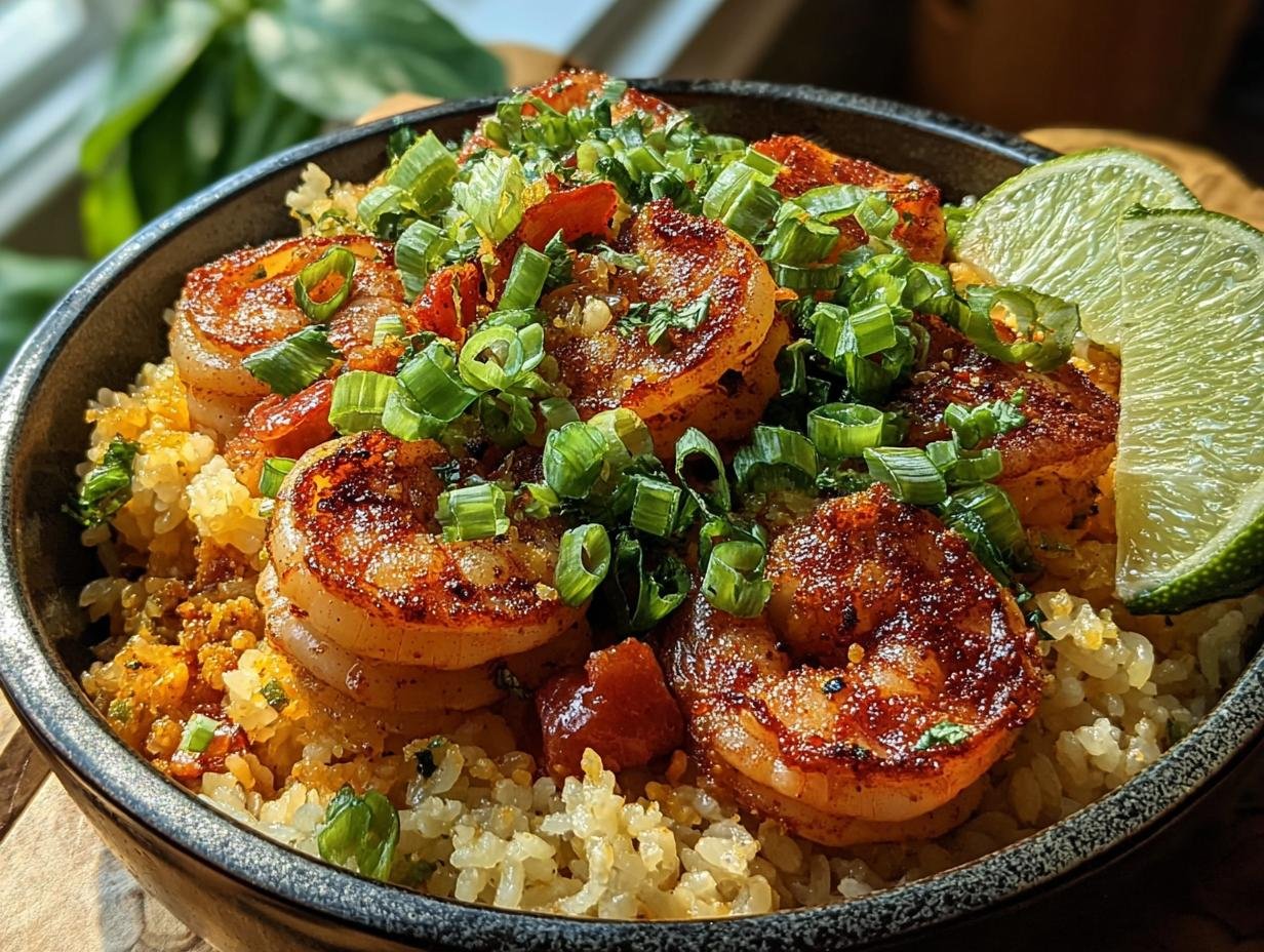 Wurzige Cajun Garnelen Und - close-up van de garnalen en rijst