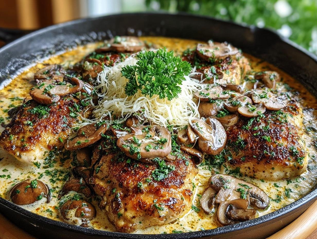 Een Pfannen Cremige Pilz: Hemelse 30min Saus - Ein Pfannen Cremige Pilz - close-up van de romige saus met kip en champignons