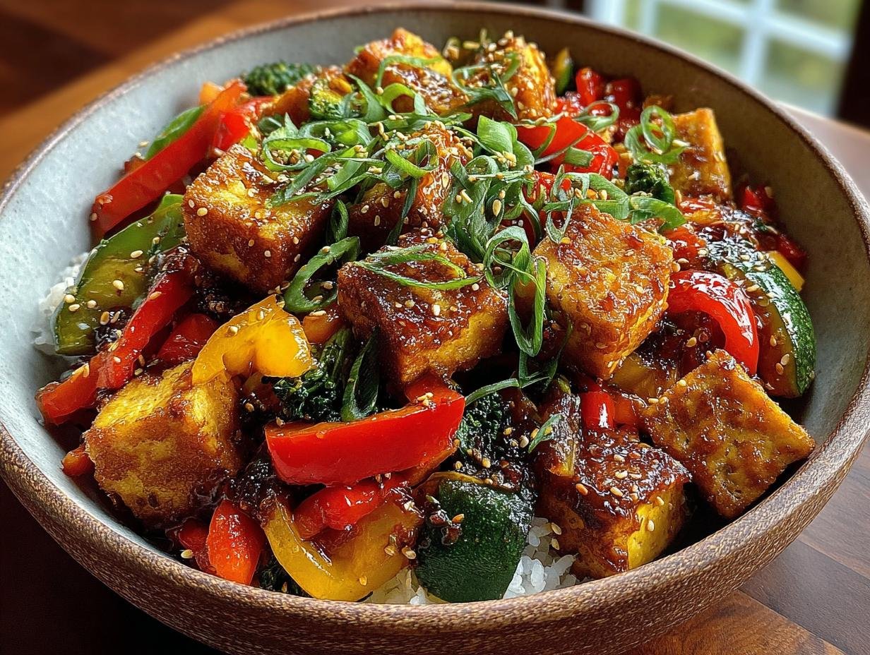 Levhaftes Tofu Gemuse Wokgericht - close-up van knapperige tofu en verse groenten in een wok