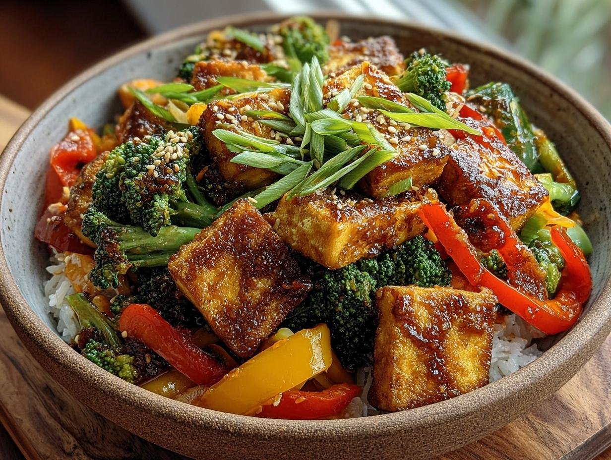 Levhaftes Tofu Gemuse Wokgericht - geserveerd met rijst en garnering