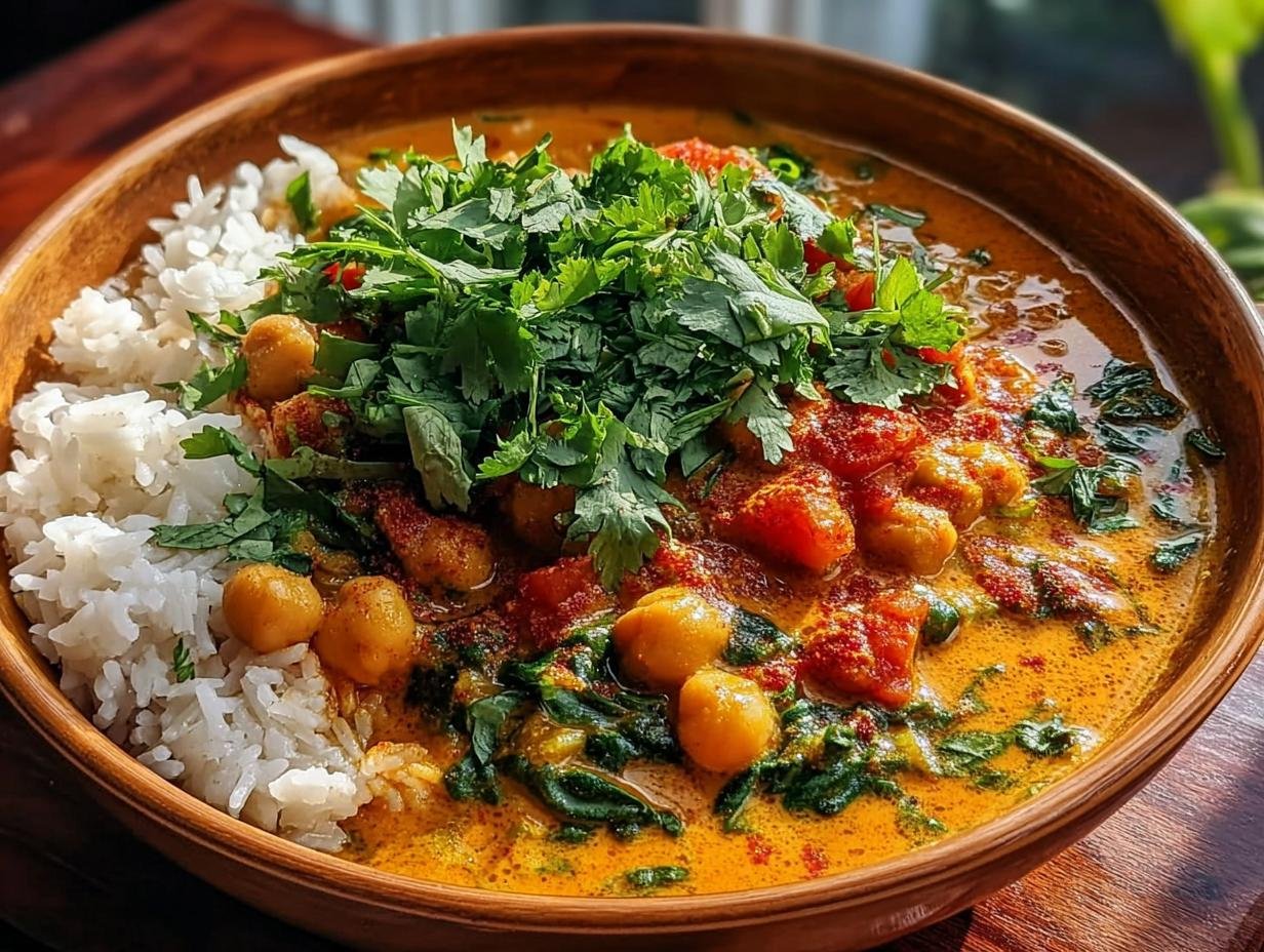 One Pot Creamy Coconut being served over rice with fresh cilantro