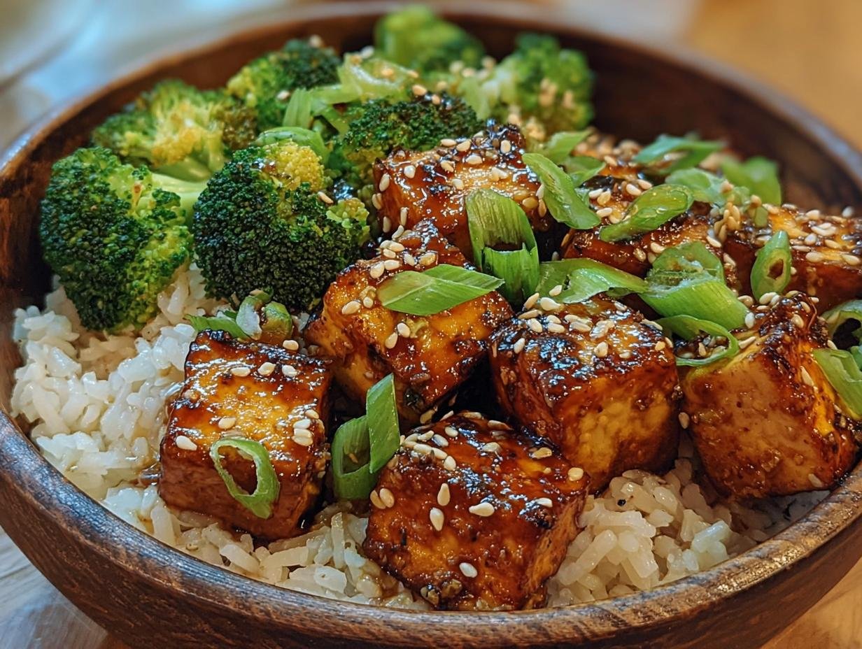 Tofu Teriyaki: Geweldig, snel huisgemaakt! - Tofu Teriyaki Delight Mit - close-up of the finished dish with broccoli and tofu in teriyaki sauce