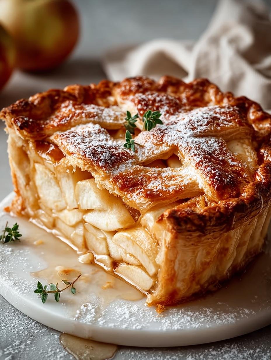 Verbluffende Apple Pie with Puff in 75 Min. - Close-up van een perfect gesneden stuk Apple Pie with Puff