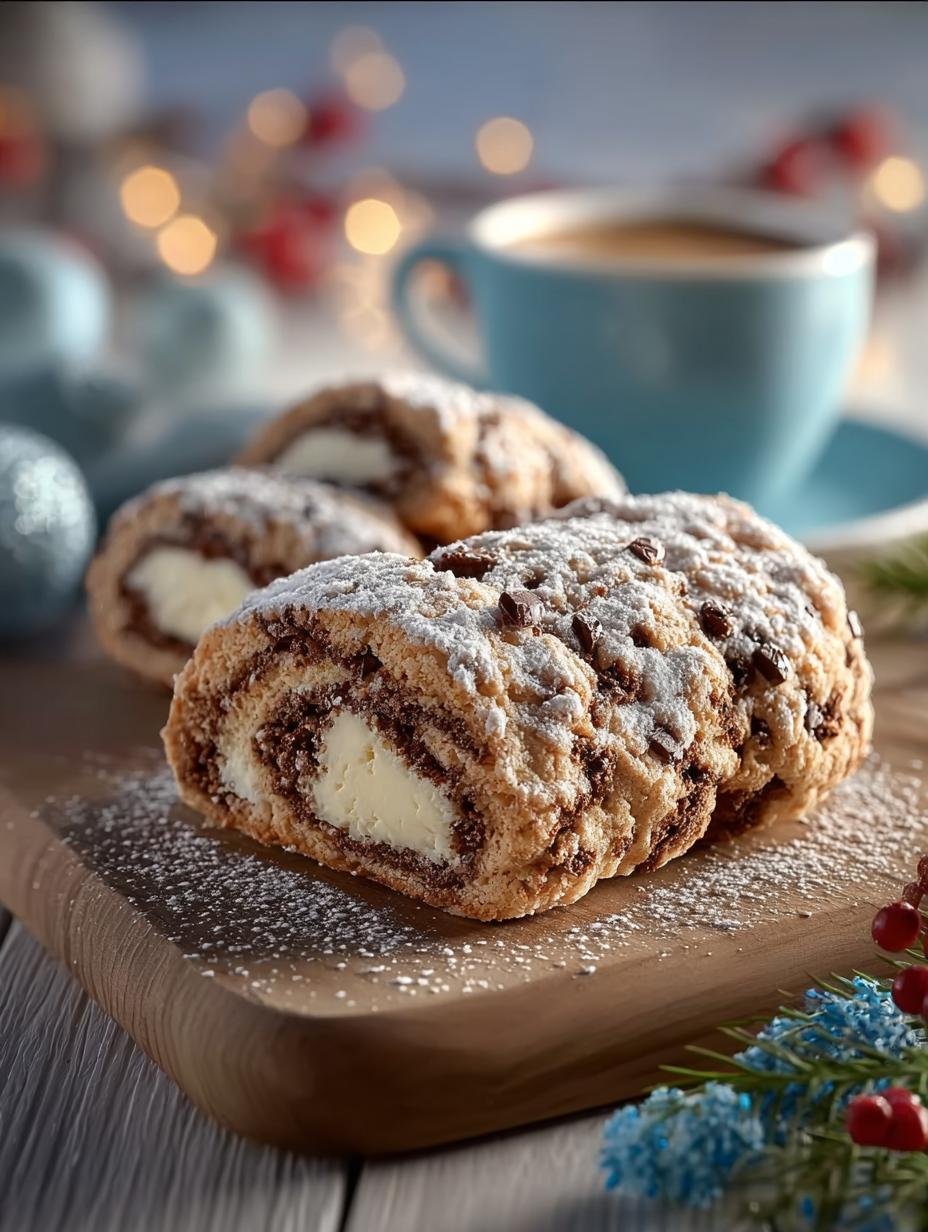 Heerlijke Baumstamm Plaetzchen, perfect gebakken en klaar om te serveren, met een rijke chocoladelaag en feestelijke decoratie