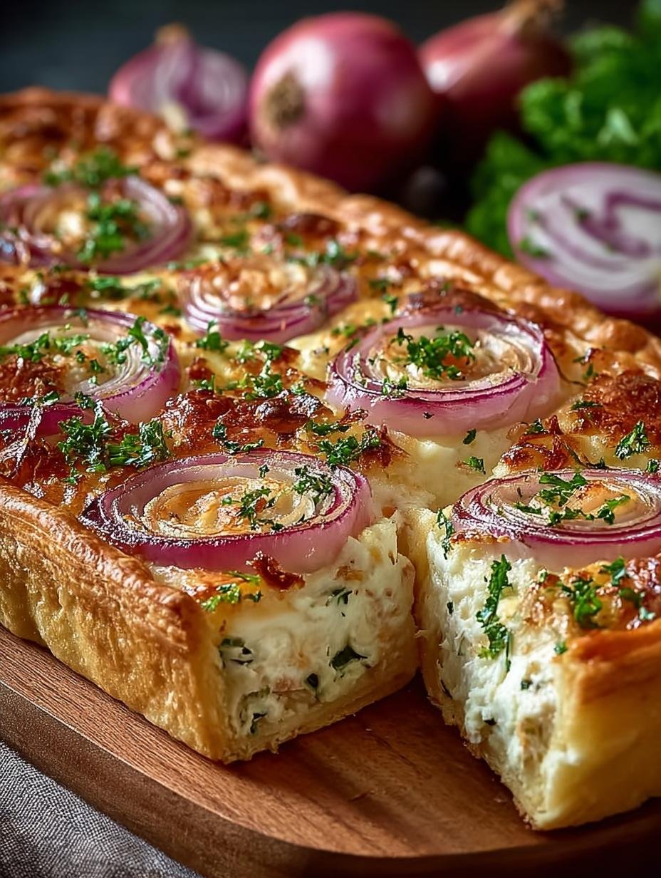 Heerlijke Bester Zwiebelkuchen Vom Blech, vers uit de oven, goudbruin en klaar om te serveren