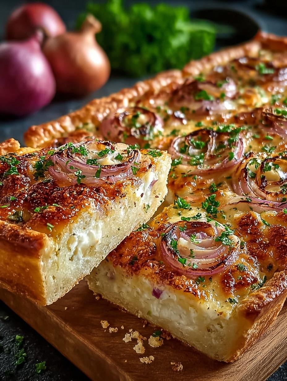 Close-up van een perfect gebakken Bester Zwiebelkuchen Vom Blech met goudbruine korst en romige vulling