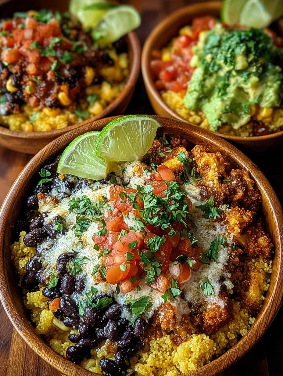 Levendige Cauliflower Fiesta Burrito Bowls met geroosterde bloemkool, zwarte bonen, maïs, paprika en avocado