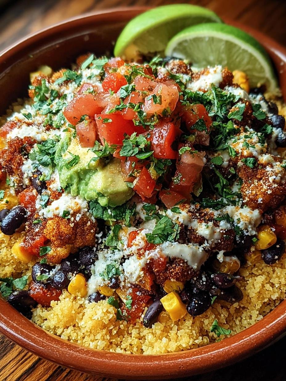 Close-up van een heerlijke Cauliflower Fiesta Burrito Bowl met verse koriander en limoenpartjes