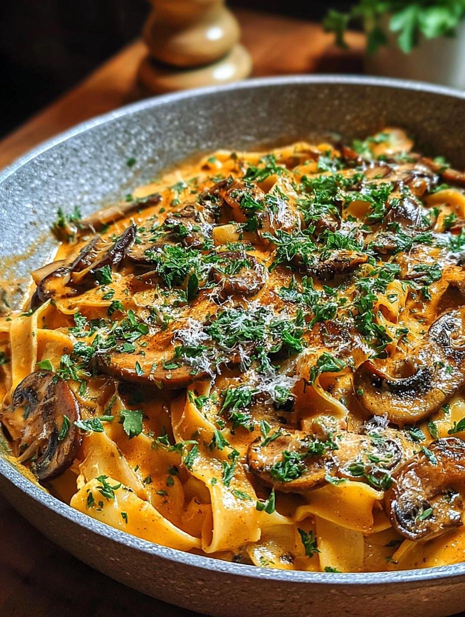 Close-up van romige vegan champignon stroganoff met verse peterselie, perfect voor een gezonde maaltijd