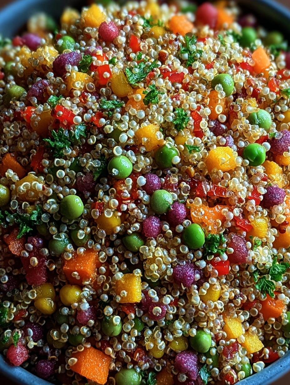 Levendige Farbiger Quinoa Genuss met kleurrijke groenten en verse kruiden, klaar om te serveren