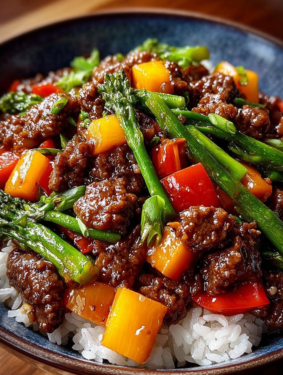 Heerlijke Ground Beef Stir Fry met knapperige groenten en rijst, klaar om te serveren.