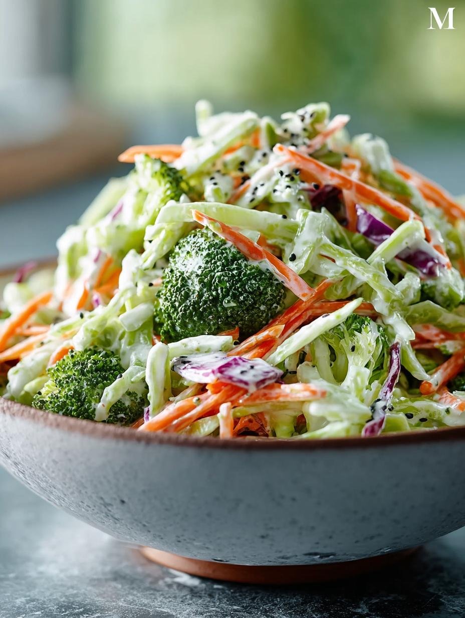 Close-up van Incredible Broccoli Slaw met geraspte wortelen en paprika's, klaar om te serveren