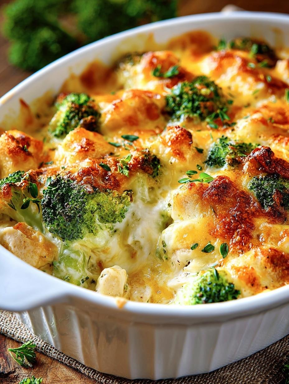 Kaese Brokkoli Huehnchen Auflauf in een ovenschaal, klaar om geserveerd te worden