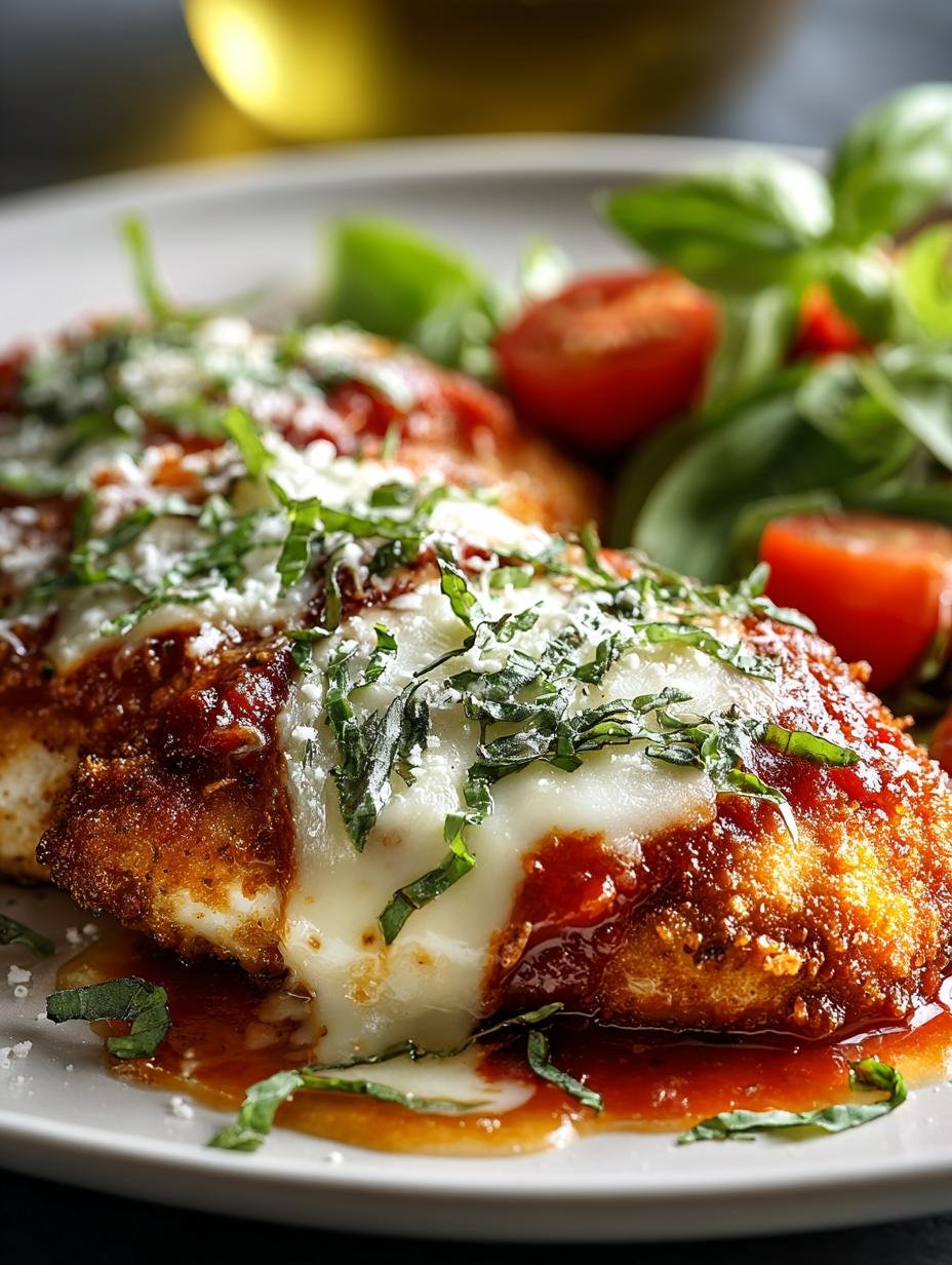Heerlijke Keto Haehnchen Parmesan Mit met gesmolten kaas en verse basilicum, klaar om te serveren