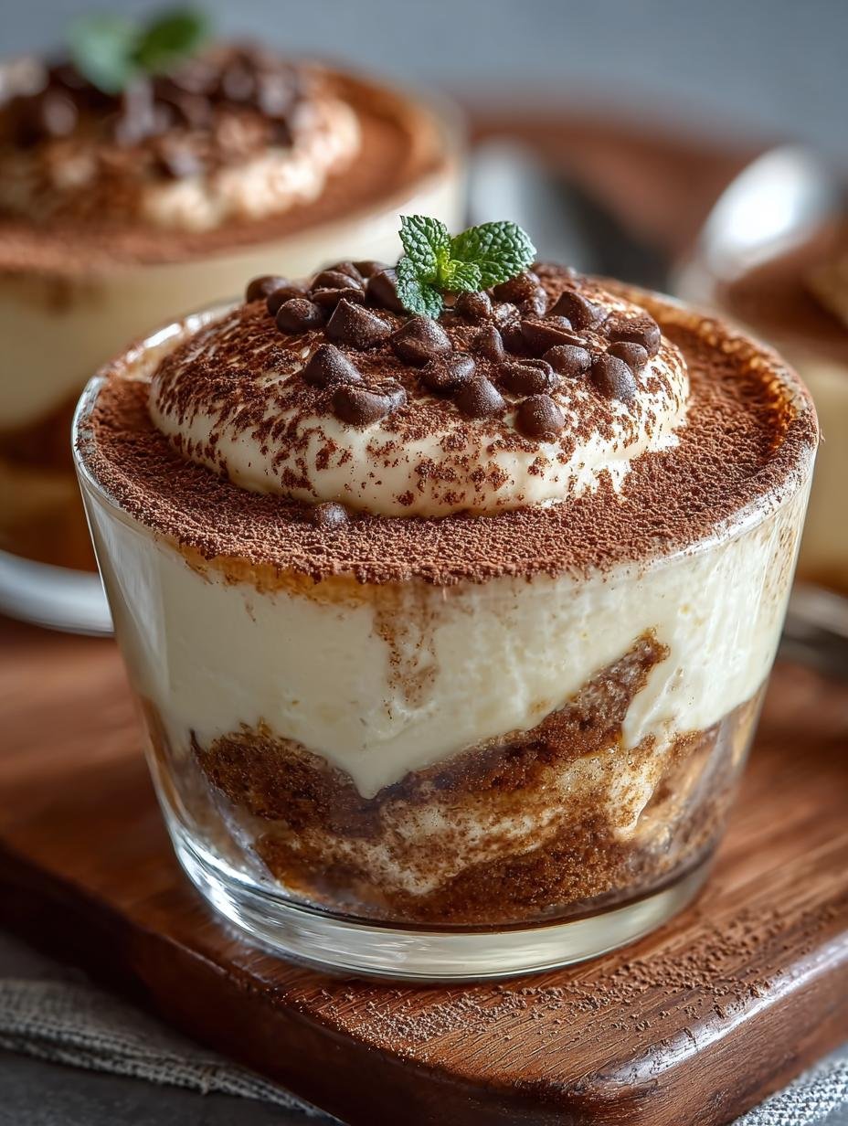 Close-up van een heerlijke Keto Tiramisu Becher Rezept met cacaopoeder en verse frambozen