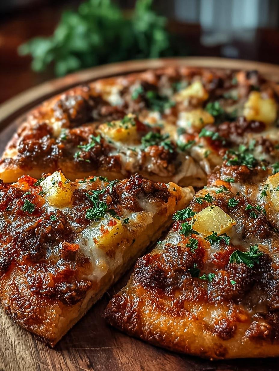 Heerlijke Knusprige Kartoffelpizza Mit Hackfleisch, vers uit de oven, gesneden in punten met gesmolten kaas en gekruid gehakt