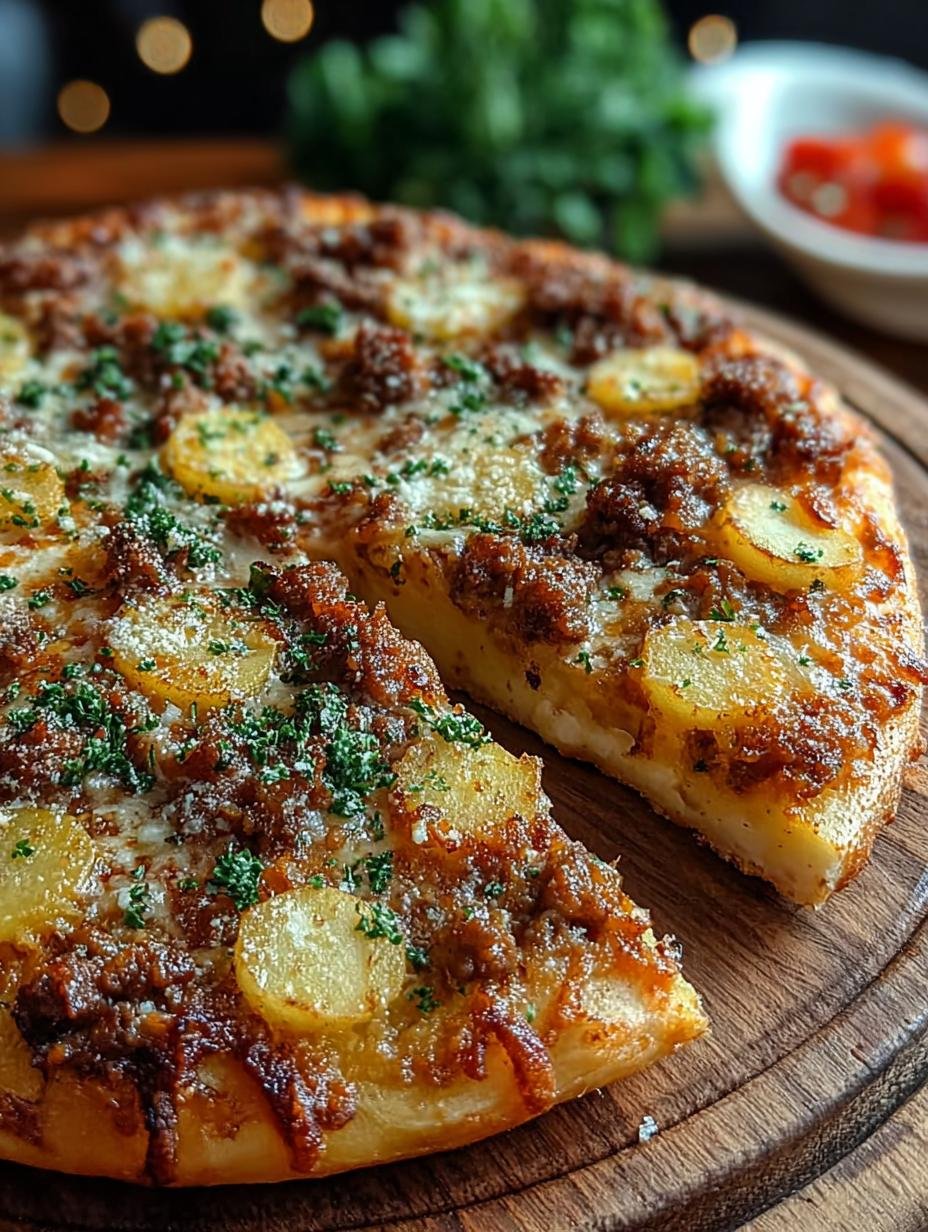 Close-up van de knapperige aardappelbodem van de Knusprige Kartoffelpizza Mit Hackfleisch, met zichtbare textuur en goudbruine kleur