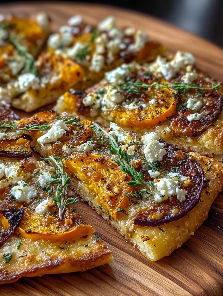 Gekruide pompoenplakjes op Flammkuchen