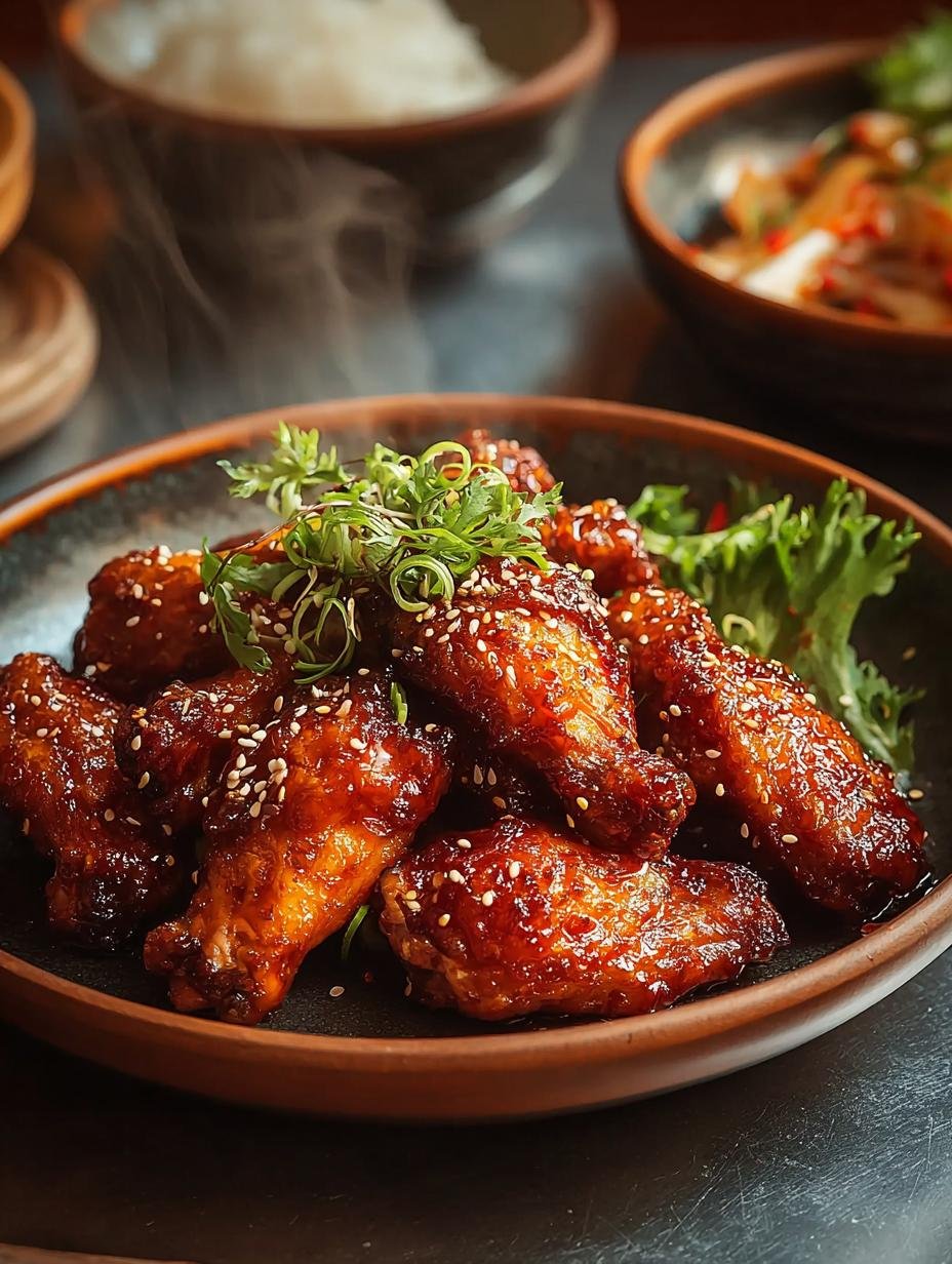 Heerlijke en knapperige Koreaanse Fried Chicken Wings geserveerd met sesamzaadjes en lente-ui