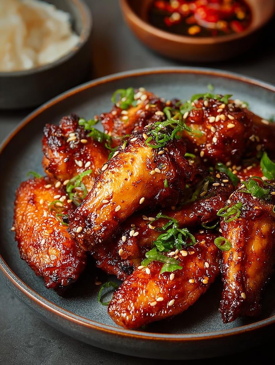 Close-up van perfect gefrituurde Koreaanse Fried Chicken Wings met glanzende saus en garnering