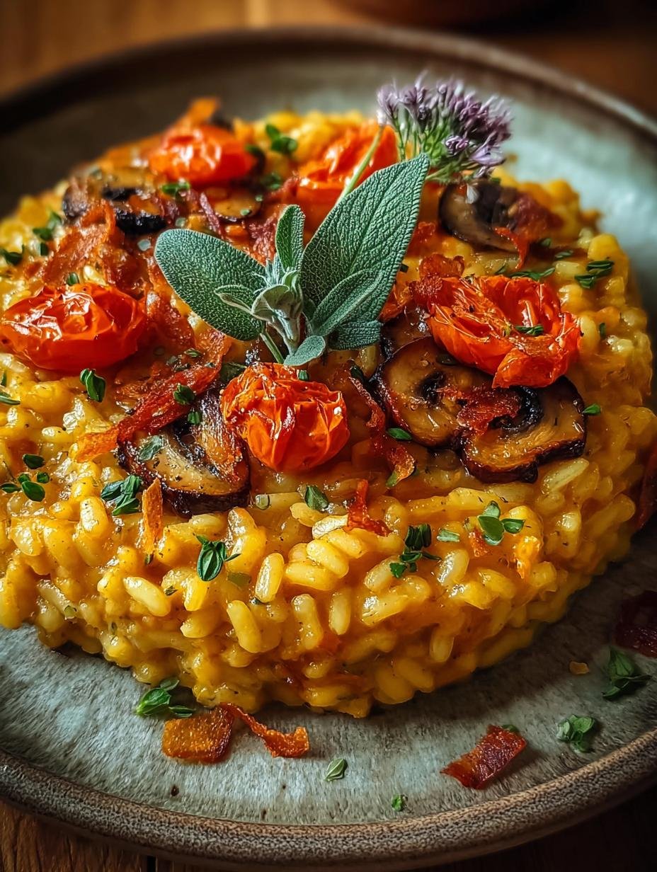 Heerlijke Kuerbis Risotto, perfect romig en klaar in 30 minuten, geserveerd in een kom met verse kruiden