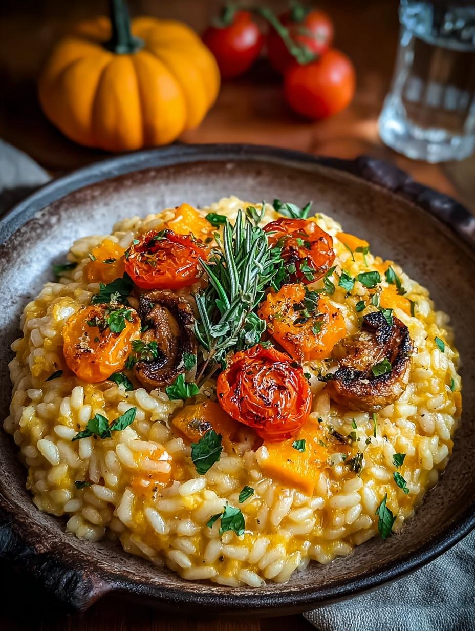 Close-up van romige Kuerbis Risotto met verse salie en Parmezaanse kaas, klaar om te serveren
