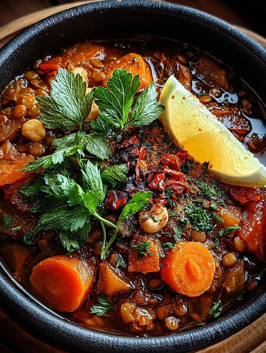 Close-up van een kom Marokkanische Gewurz Linsensuppe, rijk aan specerijen en linzen