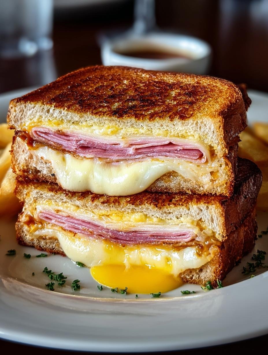 Close-up van een perfect gebakken Monte Cristo Sandwich Bennigans, met gesmolten kaas en een krokante buitenkant, klaar om te dippen.