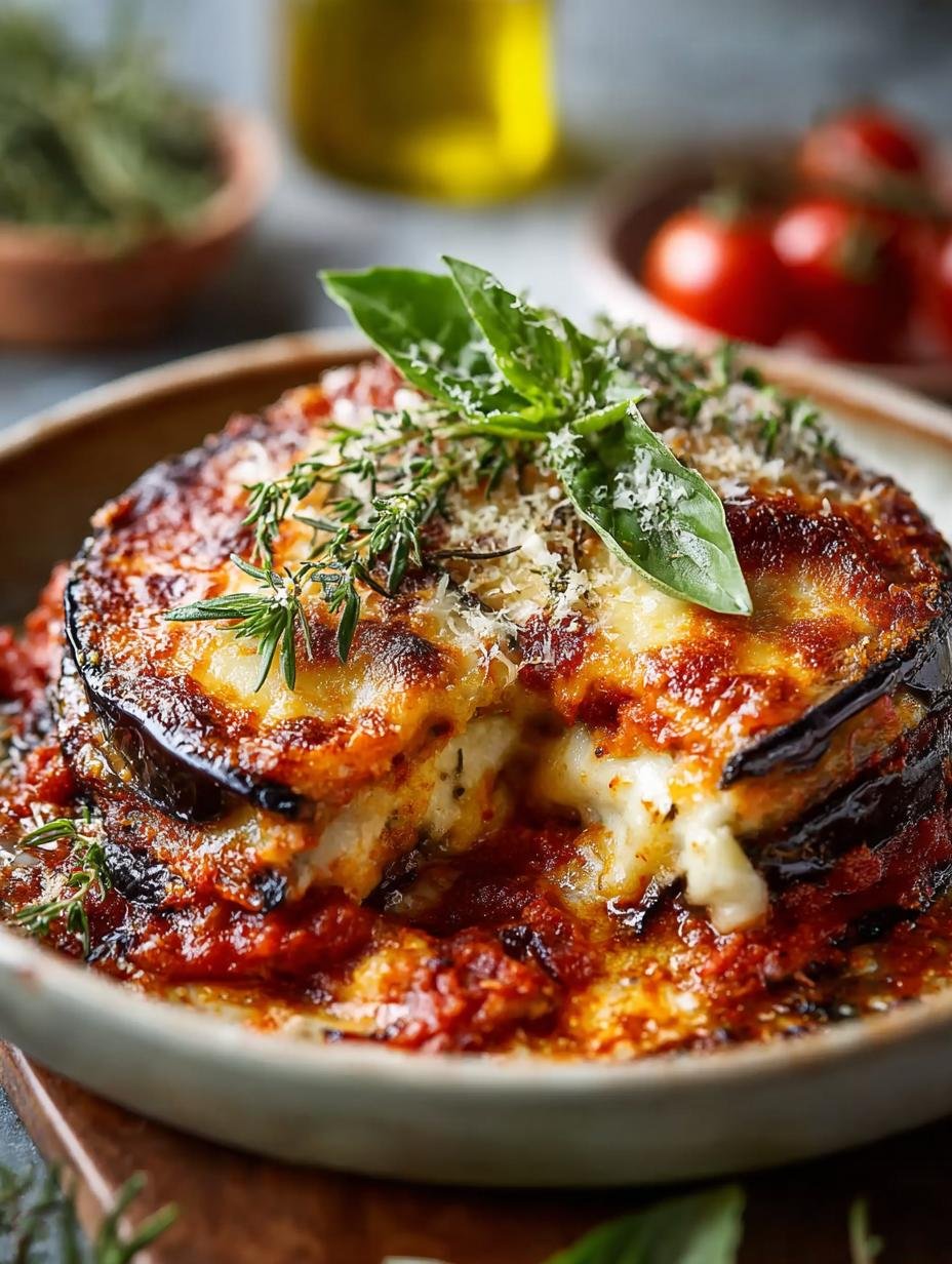 Close-up van gelaagde Parmigiana Melanzane met gesmolten kaas en tomatensaus