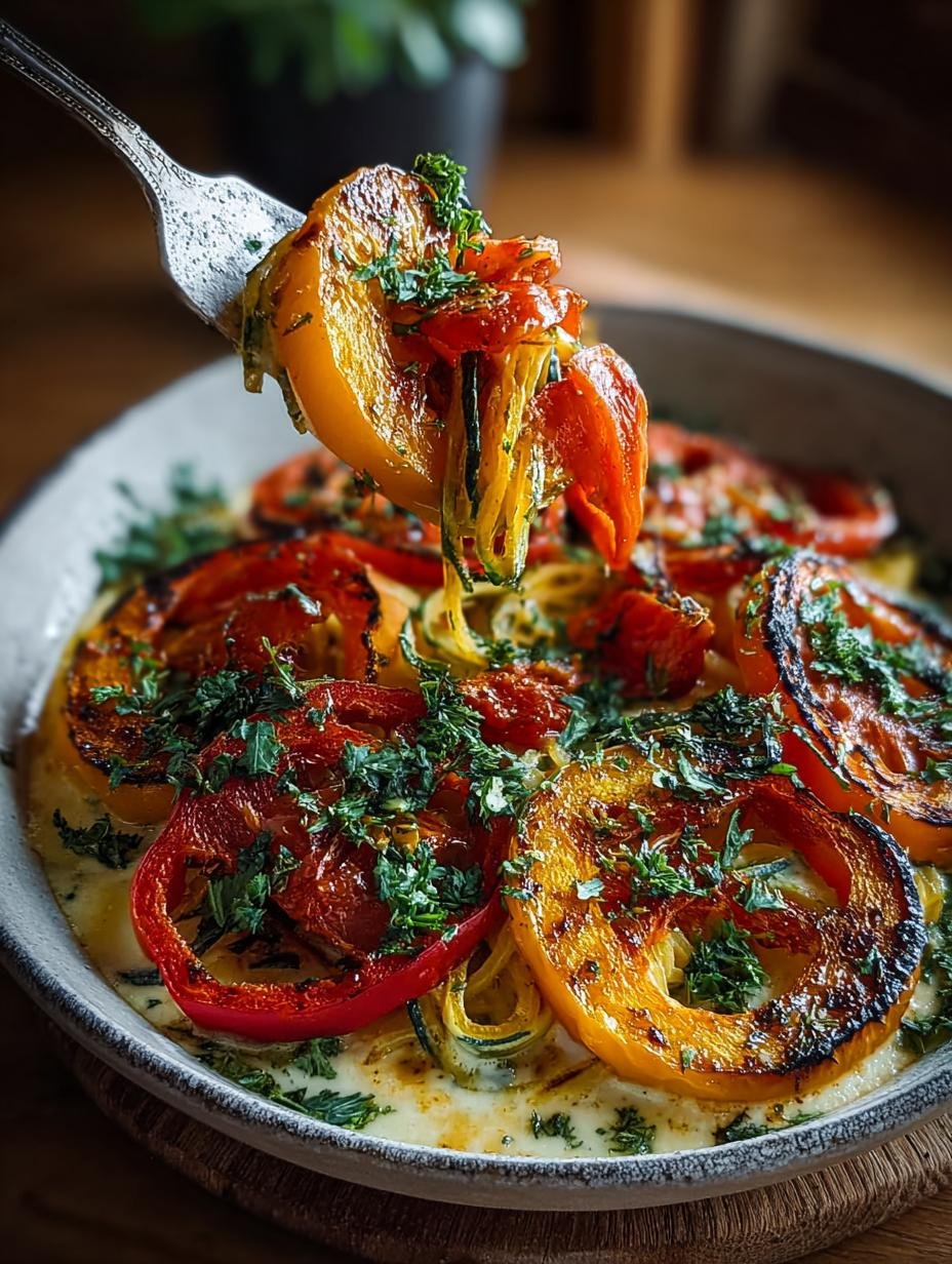 Heerlijke Pasta Mit Ofenkuerbis Paprika met romige saus en verse peterselie, klaar om te serveren