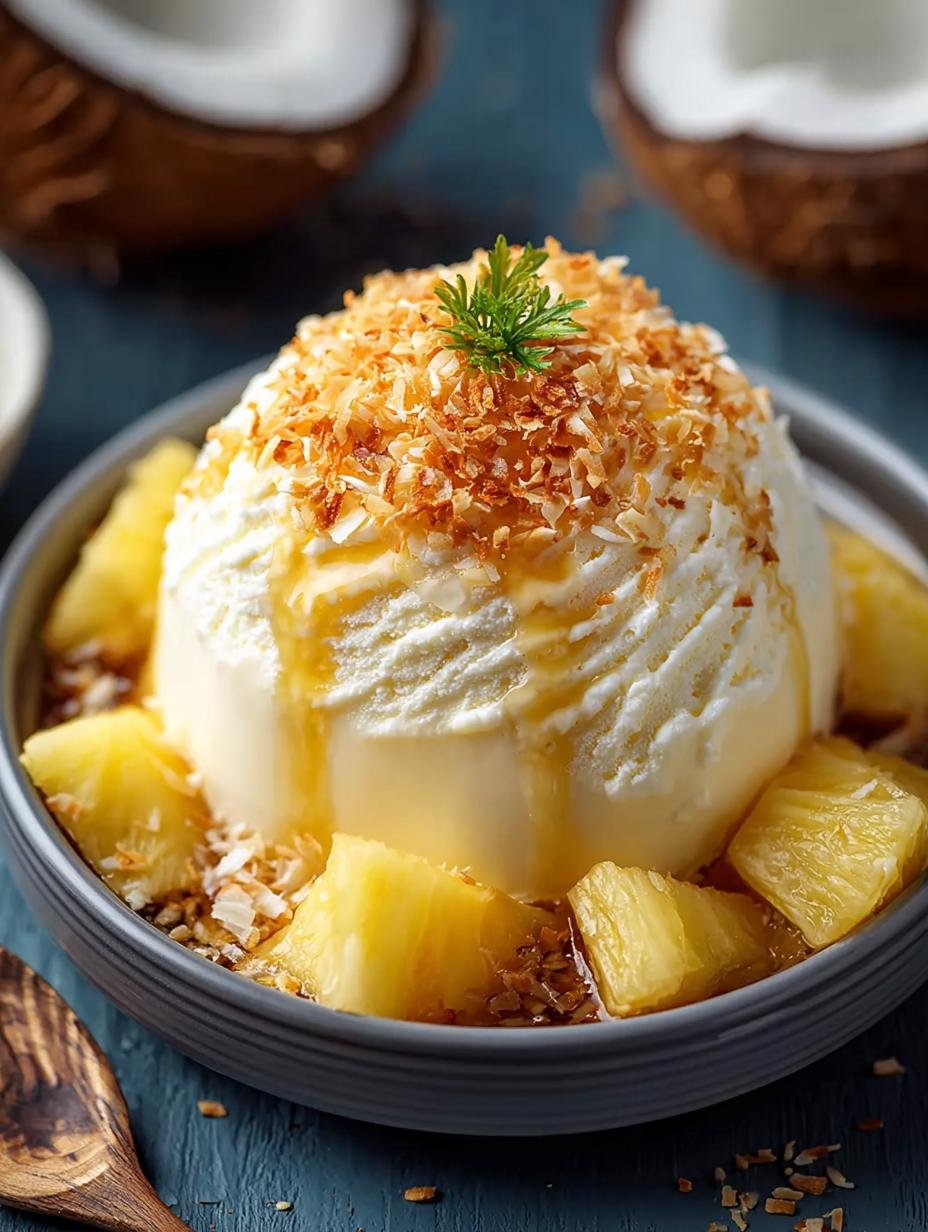 Close-up van romige Pineapple Toasted Coconut Ice met zichtbare stukjes ananas en geroosterde kokos