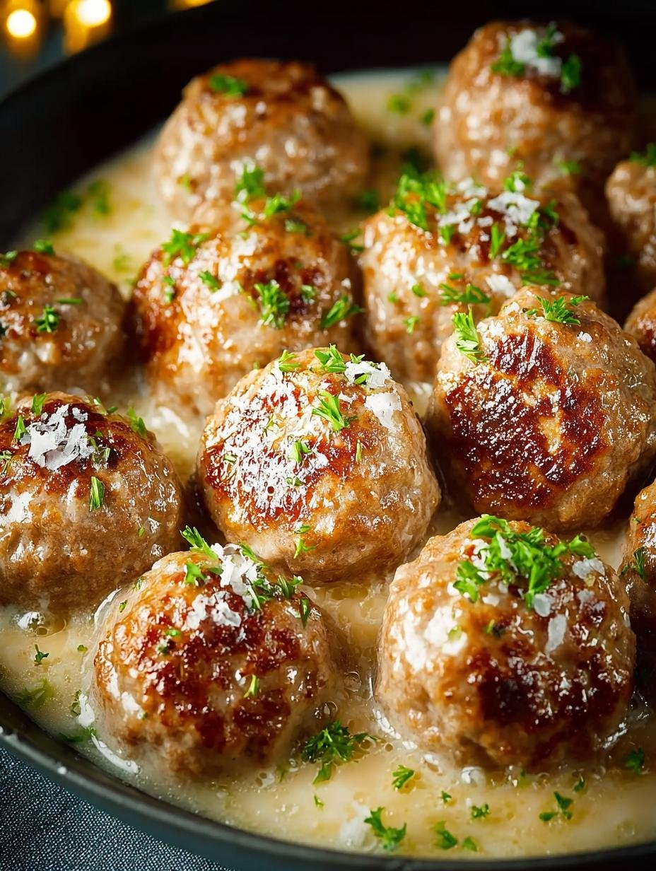 Ongelofelijk lekkere 1-pans Pioneer Woman Zweedse Gehaktballen - close-up van romige Zweedse gehaktballen met peterselie