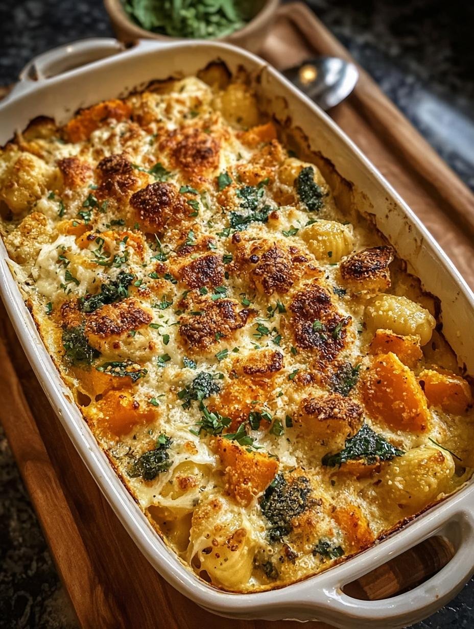 Heerlijke Saftiger Kuerbis Gnocchi Auflauf met romige saus en gesmolten kaas, klaar om te serveren