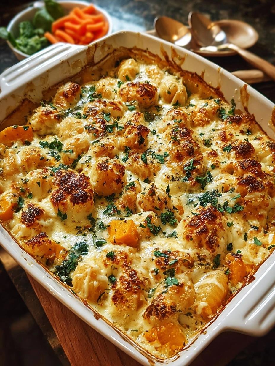 Close-up van Saftiger Kuerbis Gnocchi Auflauf met gesmolten kaas en verse kruiden, klaar om te eten