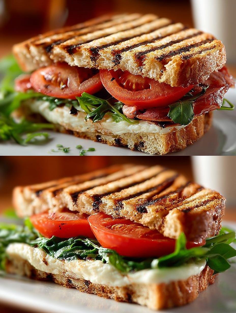 Close-up van een perfect gegrilde Sandwich Rezepte Einfach Panini met krokant brood