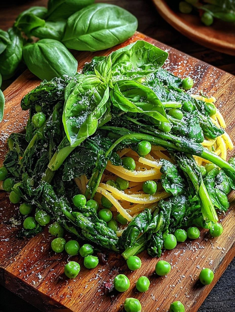 Spinat Erbsen Pasta Freude: Snel, Heerlijk Culinair Plezier - Een pan vol verse pasta met spinazie en erwten