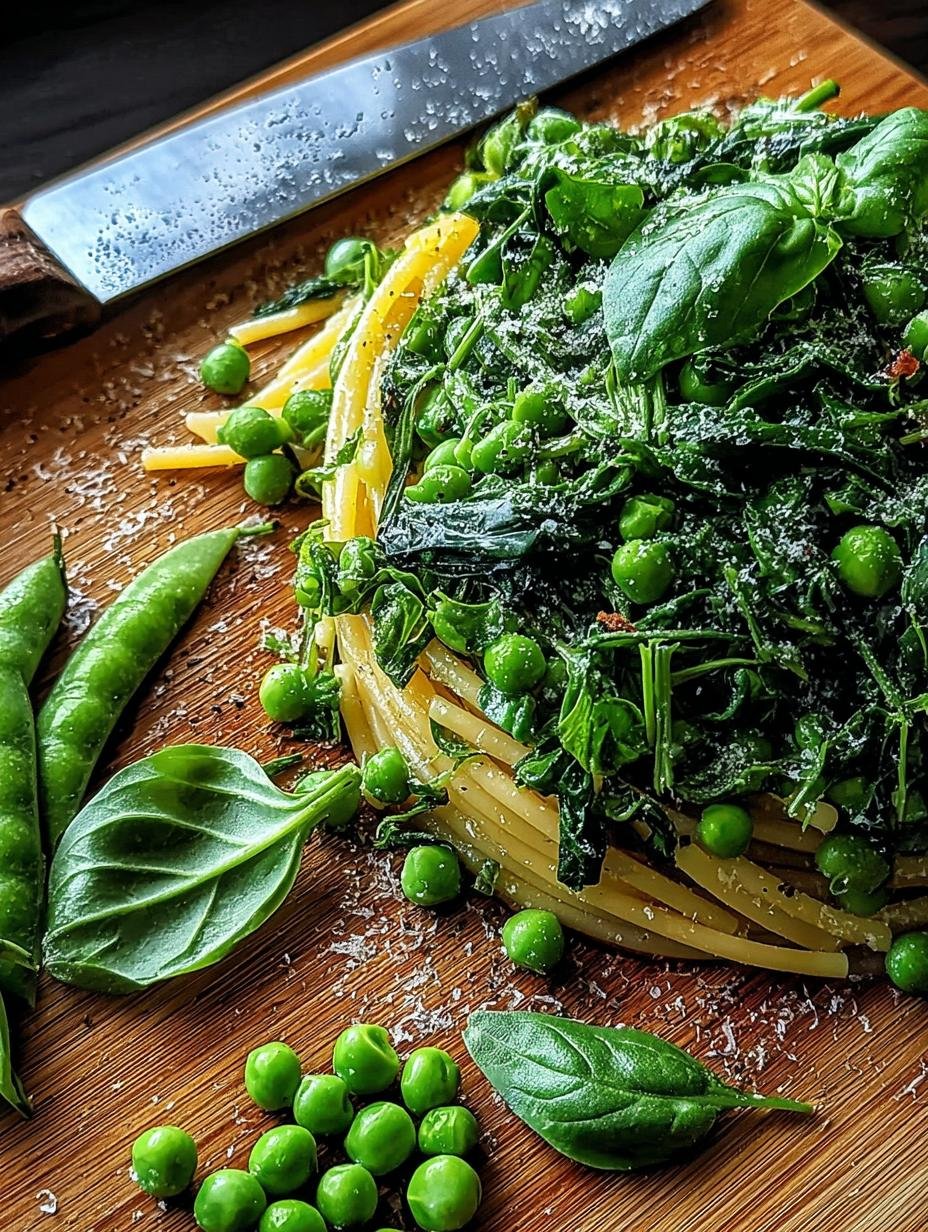 Spinat Erbsen Pasta Freude: Snel, Heerlijk Culinair Plezier - Close-up van de pasta met spinazie en erwten